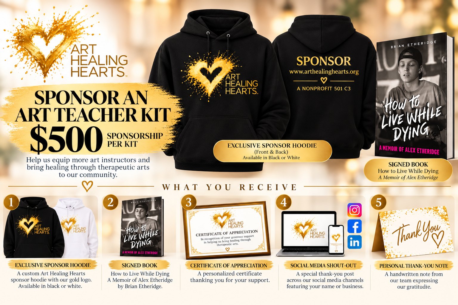 Sponsor an Art Teacher Kit for $500: sponsor hoodie, signed book, certificate of appreciation, social media shout out and thank you note